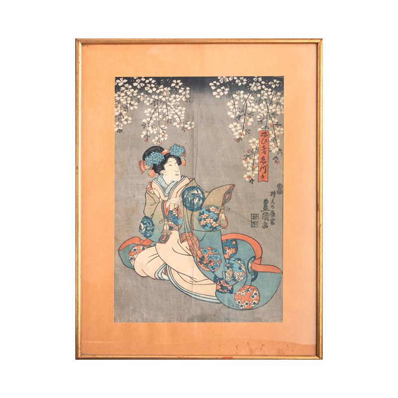 Dipinto su seta raffigurante Geisha con iscrizioni, Giappone, XIX secolo  - Auction Fine Asian Works of Art - Cambi Casa d'Aste