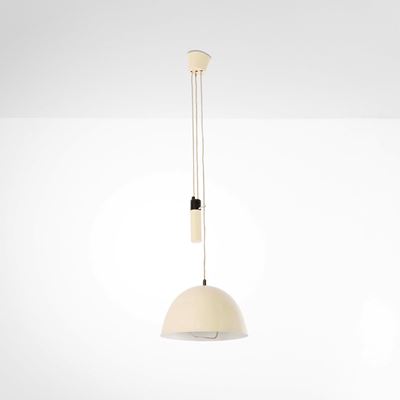 Lampada a sospensione in metallo laccato e ottone, Italia, circa 1960