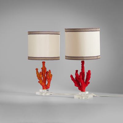 Lampade da tavolo, struttura in resina e paralume in tessuto