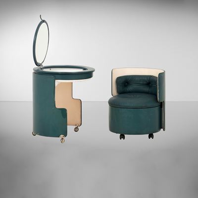 Toilette e poltrona mod. Dilly Dally, legno rivestito in pelle e dettagli in metallo cromato
