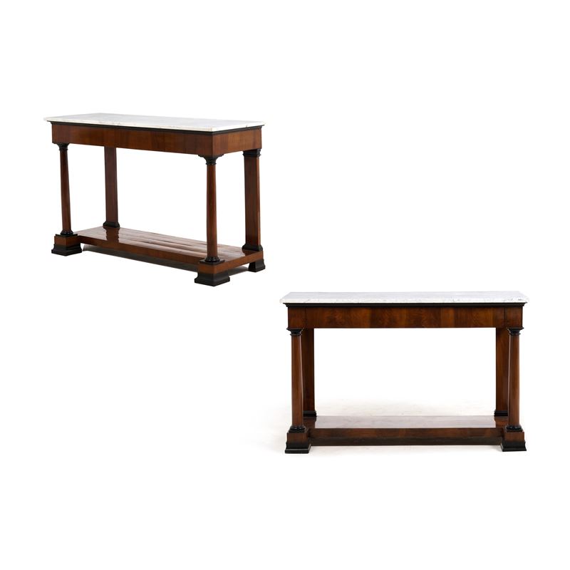 Coppia di consolles in piuma di mogano con piani in marmo. XIX secolo  - Auction Antiques - Cambi Casa d'Aste
