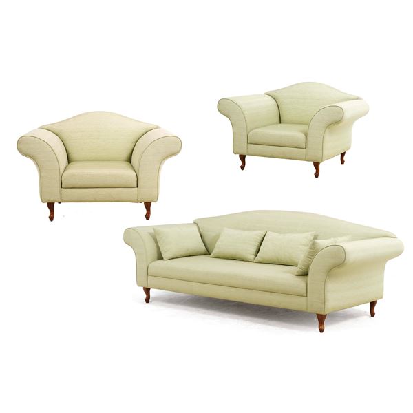 Divano e coppia di poltrone imbottite