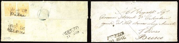 LOMBARDO VENETO 1950 - 5 cent. giallo, I tiratura (1a), tre esemplari