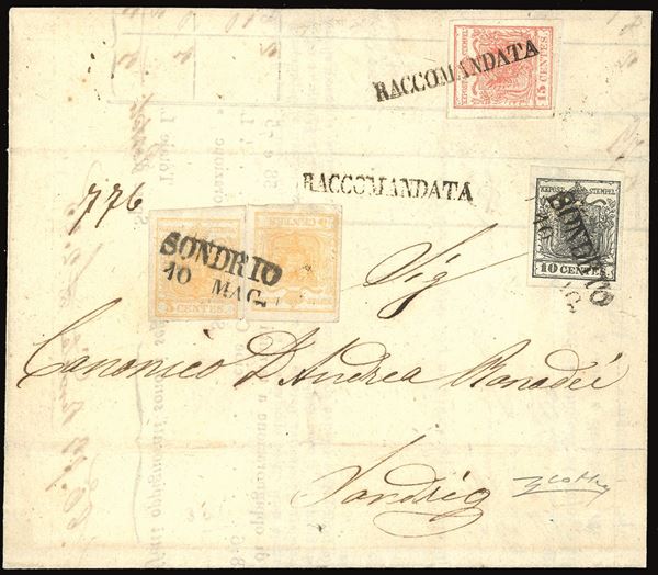 LOMBARDO VENETO 1856 - 5 cent. giallo arancio chiaro, due esemplari, 10 cent. nero, tutti carta a mano, e, al verso per il diritto di raccomandazione, 15 cent. rosso vermiglio chiaro, III tipo, carta a macchina (1f,2,20a)