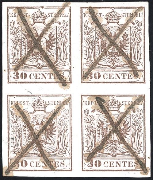 LOMBARDO VENETO 1850 - 30 cent. bruno chiaro, I tipo, carta a mano, prima tiratura (7a), blocco di quattro