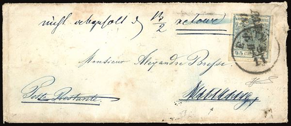 LOMBARDO VENETO 1855 - 45 cent. azzurro, III tipo, carta a mano (12)