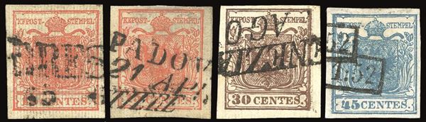 LOMBARDO VENETO  1851 - Serie completa di 4 esemplari con carta a coste verticali (14/17)