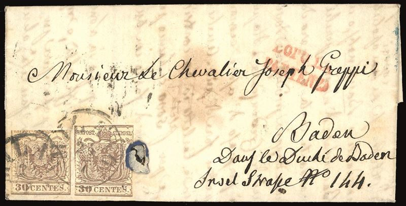 LOMBARDO VENETO 1858 - 30 cent. bruno, carta a macchina (21), due esemplari ritagliati lungo i margini "lilliput", su lettera da Milano 24/7/1858 a Baden, in Germania, sul fronte bollo rosso "dopo la partenza".  - Auction Philately - Cambi Casa d'Aste