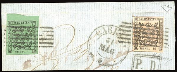 MODENA 1852 - 10 cent. rosa chiaro, errore tipografico "EENT.10", 5 cent. verde