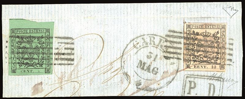 MODENA 1852 - 10 cent. rosa chiaro, errore tipografico "EENT.10", 5 cent. verde  - Auction Philately - Cambi Casa d'Aste