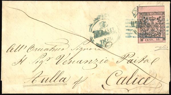 MODENA 1858 - 10 cent. rosa, punto dopo le cifre (9), interspazio in alto, a filo a destra, su lettera da Modena 14/5/1858 a Calice.