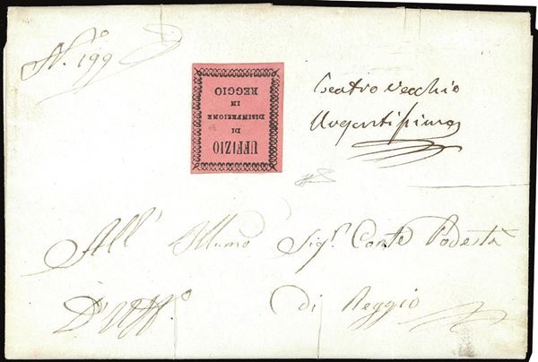 MODENA - SANITÀ 1855 - Lettera non affrancata da Bagnolo 24/7/1855 a Reggio, con tagli di disinfezione ripetuti lungo i bordi e l'etichetta di sanità "Ufficio di disinfezione in Reggio" del I tipo secondo la catalogazione AISP.