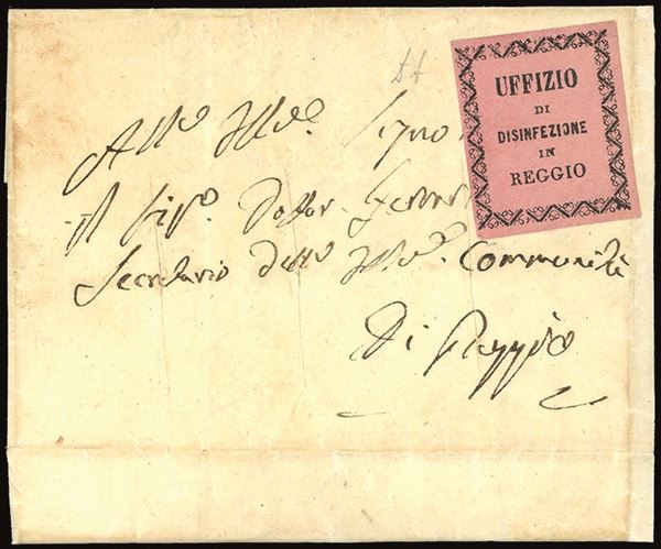 MODENA - SANITÀ 1855 - Lettera non affrancata da Modena (?) 17/7/1855 a Reggio, con tra tagli di disinfezione al centro e l'etichetta di sanità "Ufficio della disinfezione in Reggio" del II tipo secondo la catalogazione AISP. A.Diena.