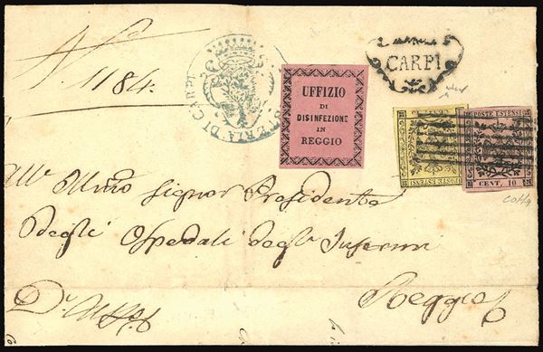 MODENA - SANITÀ 1855 - 10 cent. rosa chiaro e 15 cent. giallo, entrambi senza punto dopo le cifre (2,3)