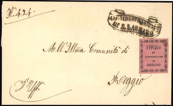 MODENA - SANITÀ 1855 - Lettera non affrancata da San Lazzaro 11/9/1855 a Reggio, dove venne applicata l'etichetta di sanità "Ufficio di disinfezione in Reggio" del III tipo seconda la catalogazione AISP.