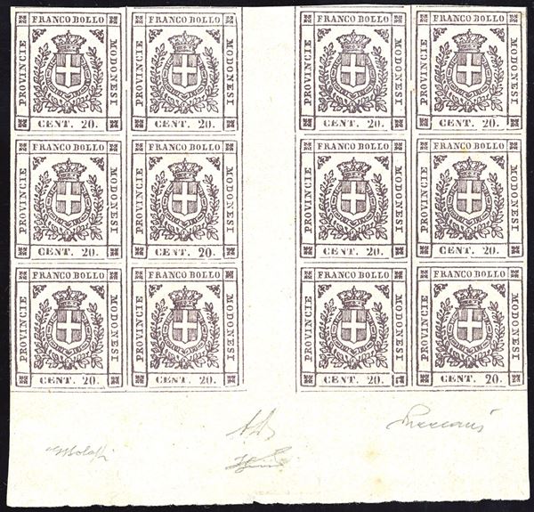MODENA - GOVERNO PROVVISORIO 1859 - 20 cent. lilla grigio chiaro, blocco di dodici, bordo di foglio inferiore, contenente tre coppie orizzontali con interspazio di gruppo (16)