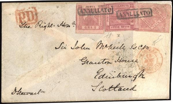 NAPOLI 1860 - 20 grana rosa chiaro, difettoso, 1 grano rosa carminio e 5 grana carminio rosa, perfetti, tutti II tavola (13,4,9), su busta da Napoli 11/8/1860 ad Edimburgo, in Scozia.