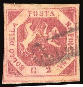 NAPOLI - FALSI PER POSTA 1859 - 2 grana carminio, falso per posta del I tipo, primo stato (F1,nota)