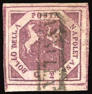 NAPOLI - FALSI PER POSTA 1859 - 2 grana violetto, falso per posta del II tipo (F2b)