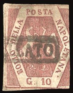 NAPOLI - FALSI PER POSTA 1859 - 10 grana rosso bruno, falso per posta del I tipo (F3)