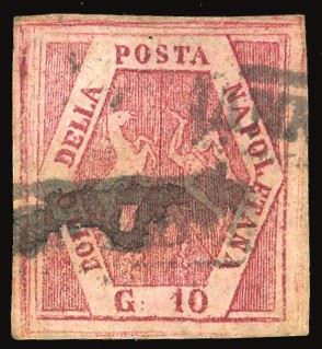 NAPOLI - FALSI PER POSTA 1859 - 10 grana carminio, falso per posta del II tipo (F4a)