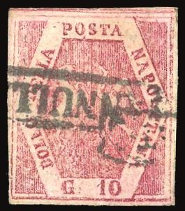 NAPOLI - FALSI PER POSTA 1859 - 10 grana carminio, falso per posta del II tipo (F4a)