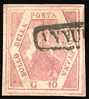 NAPOLI - FALSI PER POSTA 1860 - 10 grana rosa carminio, falso per posta del III tipo (F5)