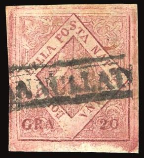 NAPOLI - FALSI PER POSTA 1859 - 20 grana carminio, falso per posta del II tipo (F9)