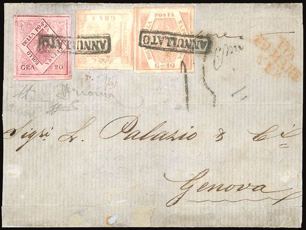 NAPOLI - FALSI PER POSTA 1859 - 20 grana carminio, falso per posta del V tipo, 1 grano rosa chiaro, I tavola, 10 grana rosa carminio chiaro, II tavola (F12,3,11a)