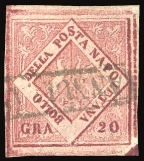 NAPOLI - FALSI PER POSTA 1859 - 20 grana carminio, falso per posta del VI tipo (F13)