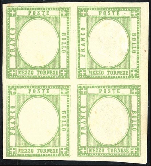 PROVINCE NAPOLETANE 1861 - 1/2 tornese verde, blocco di quattro, i due esemplari di sinistra senza effigie (17l)