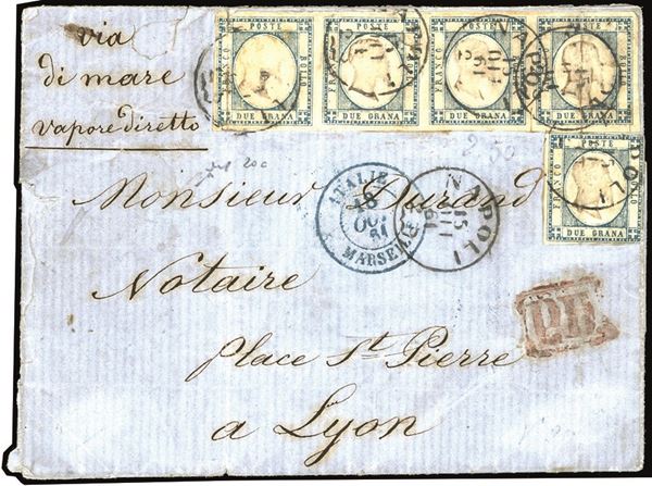 PROVINCE NAPOLETANE 1861 - 2 grana azzurro ardesia (20c), striscia orizzontale di quattro e singolo