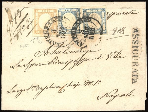 PROVINCE NAPOLETANE 1861 - 10 grana bistro, tre ottimi margini, giusto in alto, 2 grana azzurro chiaro, due esemplari, uno perfetto e ben marginato, l'altro corto a sinistra (22c,20)