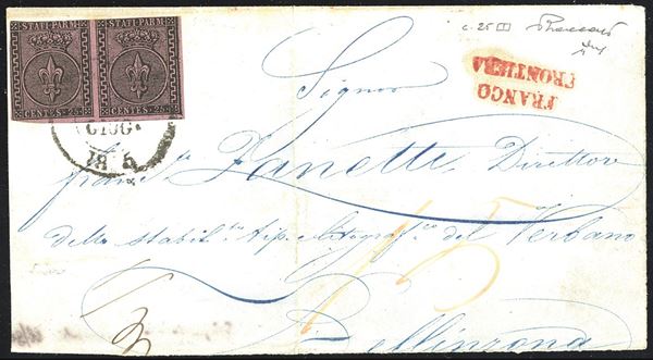 PARMA 1852 - 25 cent. violetto (4), coppia orizzontale, su lettera, parzialmente incompleta al verso, da Parma 19/6/1852 a Bellinzona