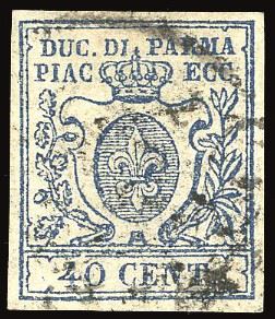 PARMA 1857 - 40 cent. azzurro scuro, II tiratura stampa difettosa, I tipo zero largo (11a)