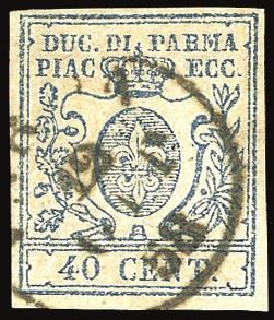PARMA 1857 - 40 cent. azzurro, II tipo, zero stretto (11b)