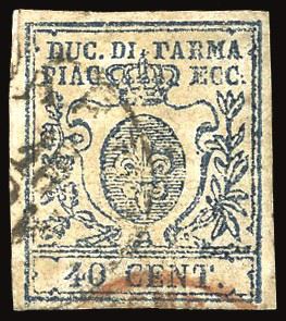 PARMA 1857 - 40 cent. azzurro scuro, II tiratura stampa difettosa, II tipo zero stretto (11c)