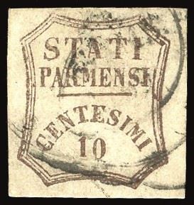 PARMA - GOVERNO PROVVISORIO 1859 - 10 cent. bruno, varietà "0" spostato in basso, non catalogato (14)