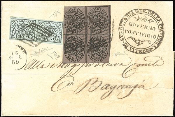 PONTIFICIO 1865 - 1/2 baj violetto cupo, blocco di quattro, 2 baj grigio azzurrastro, coppia, il primo esemplare con spazio tipografico in alto (1Ab,3Ab)