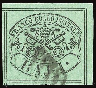 PONTIFICIO 1864 - 1 b. verde scuro, seconda composizione, otto filetti (2B)