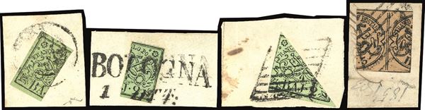 PONTIFICIO 1852 - 2 baj verde oliva (3), due esemplari frazionati verticalmente e uno diagonalmente, e 3 baj bruno rosaceo (4b) un esemplare con taglio irregolare, probabile frode postale