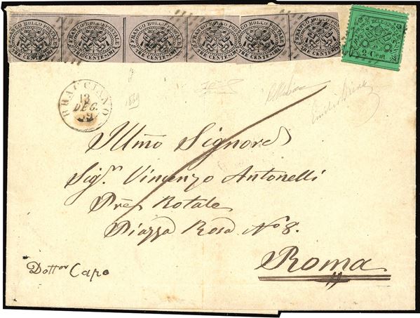 PONTIFICIO 1869 - 3 cent. grigio rosa, striscia orizzontale di quattro e coppia, 2 cent. verde (14,22), su sovracoperta di lettera da Bracciano 13/12/1869 a Roma