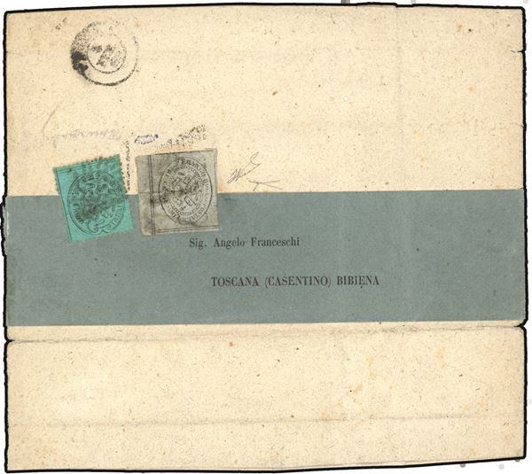 PONTIFICIO 1869 - 3 cent. grigio, non dentellato, bordo di foglio inferiore, ottimi margini, 5 cent. azzurro chiaro (15,25), piega verticale in corrispondenza della fascetta
