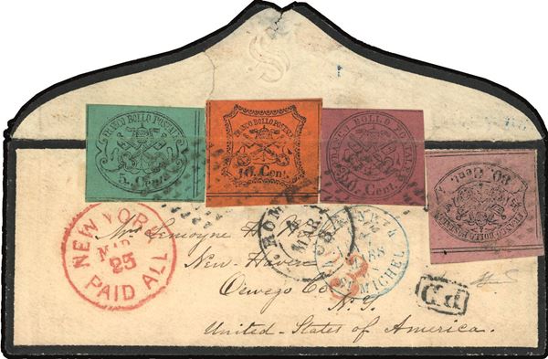 PONTIFICIO 1868 - 5 cent. azzurro verdastro, 10 cent. vermiglio arancio, 20 cent. rosso bruno, applicati a cavallo, 80 cent. rosa lillaceo, perfetto (16,17,18,20)
