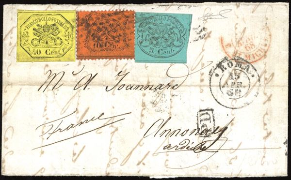 PONTIFICIO 1868 - 5 cent. azzurro verdastro, 40 cent. giallo, II emissione, 10 cent. arancio vermiglio, III emissione (16,19,26)