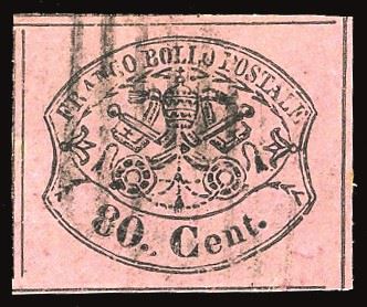 PONTIFICIO 1867 - 80 cent. rosa lillaceo (20), usato, perfetto.