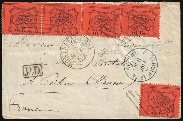 PONTIFICIO 1869 - 10 cent. arancio, cinque esemplari, perfetti (26)