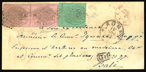 PONTIFICIO 1869 - 80 cent. rosa chiaro, coppia, 5 cent. azzurro verdastro (30,25b)