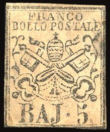 PONTIFICIO FALSI PER POSTA 1855 - 5 baj rosa, falso per posta di Bologna, II tipo (F3)