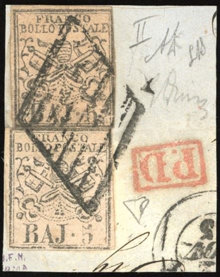 PONTIFICIO FALSI PER POSTA 1855 - 5 baj rosa e 5 baj rosa vivo, entrambi falsi per posta del II tipo (F3,F3a)